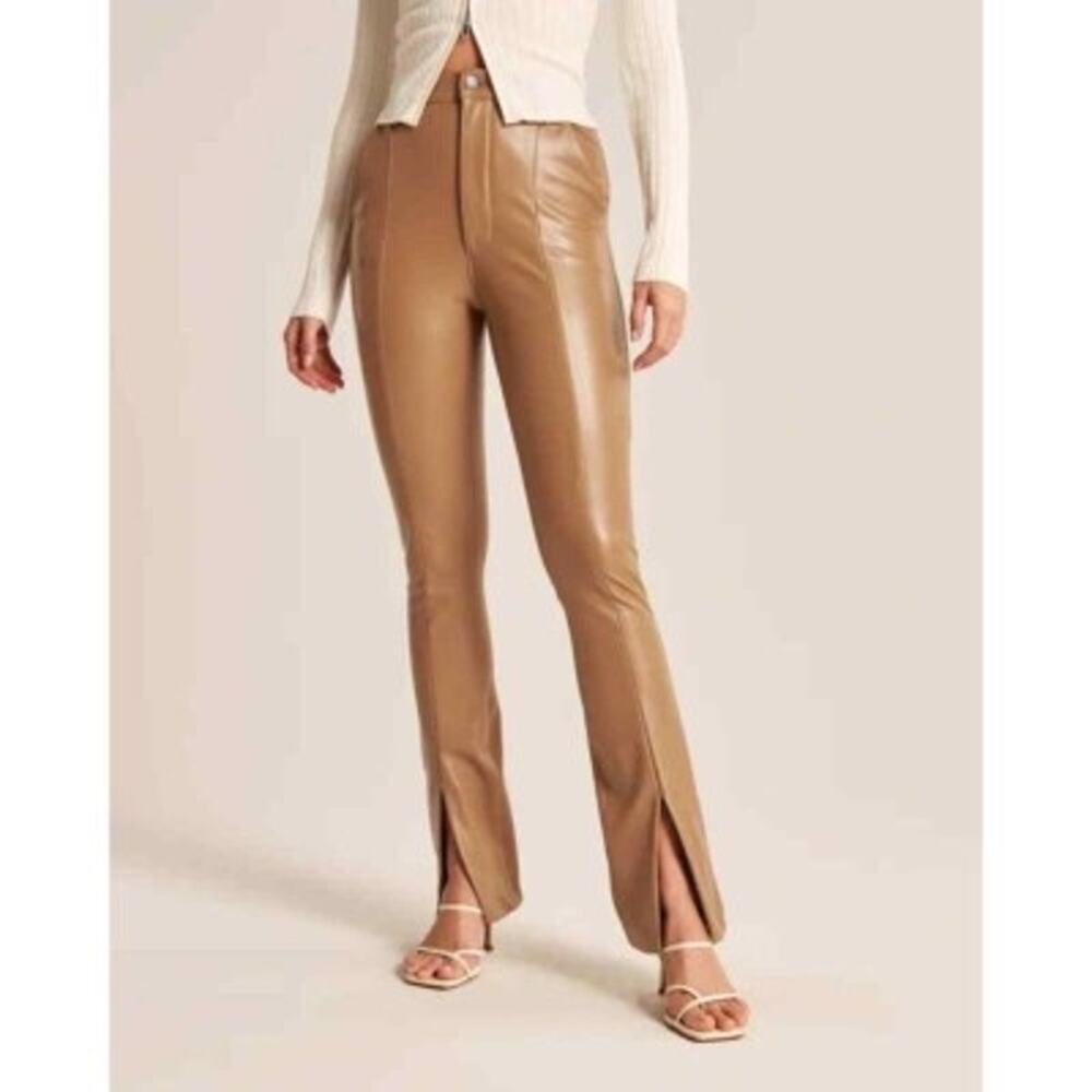 Abercrombie & Fitch The Skinny Ultra High Rise Tan Faux Leather Split Hem Pants